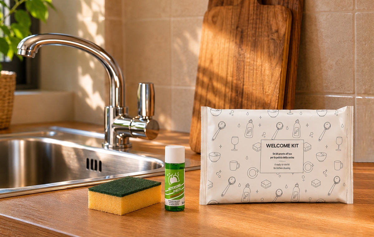 Welcome kit stoviglie ecologico con panno, spugna e detersivo per strutture residenziali
